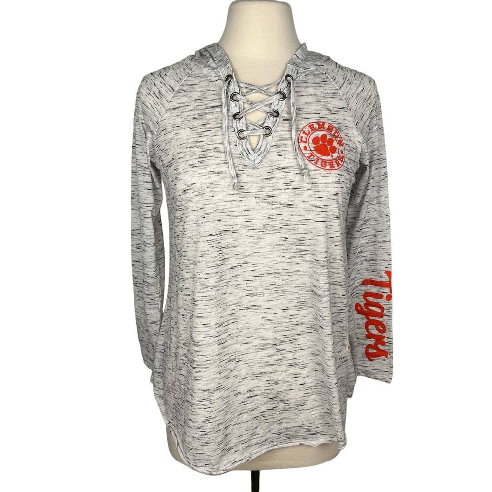 PRESSBOX‎ | Gray Space Dye Clemson Tigers Lace-Up V-Neck Long Sleeve Hooded Top
